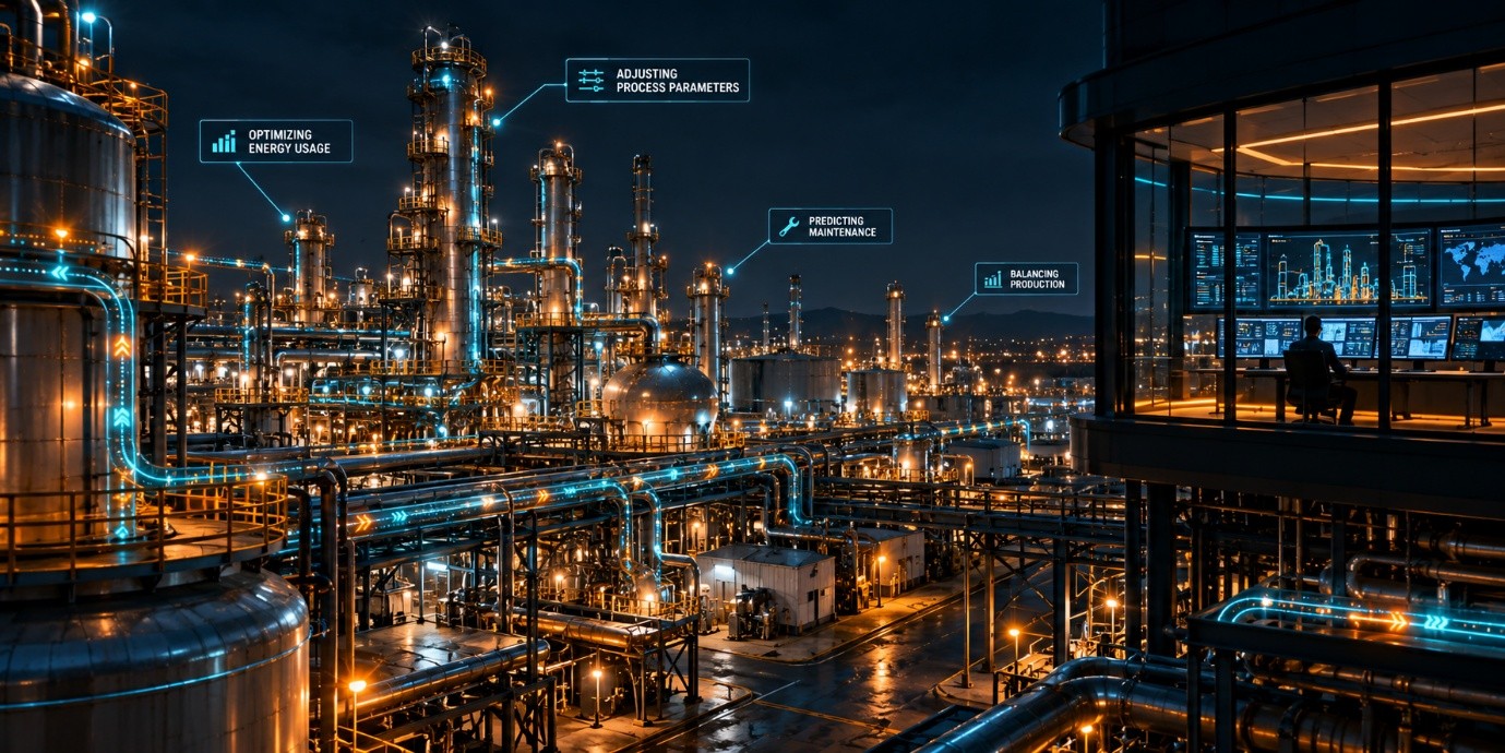 A process plant at night with glowing callouts across it reading optimizing energy usage, adjusting process parameters, predicting maintenance and balancing production. At the right edge, a lit control room overlooking the plant with a single operator at the desks