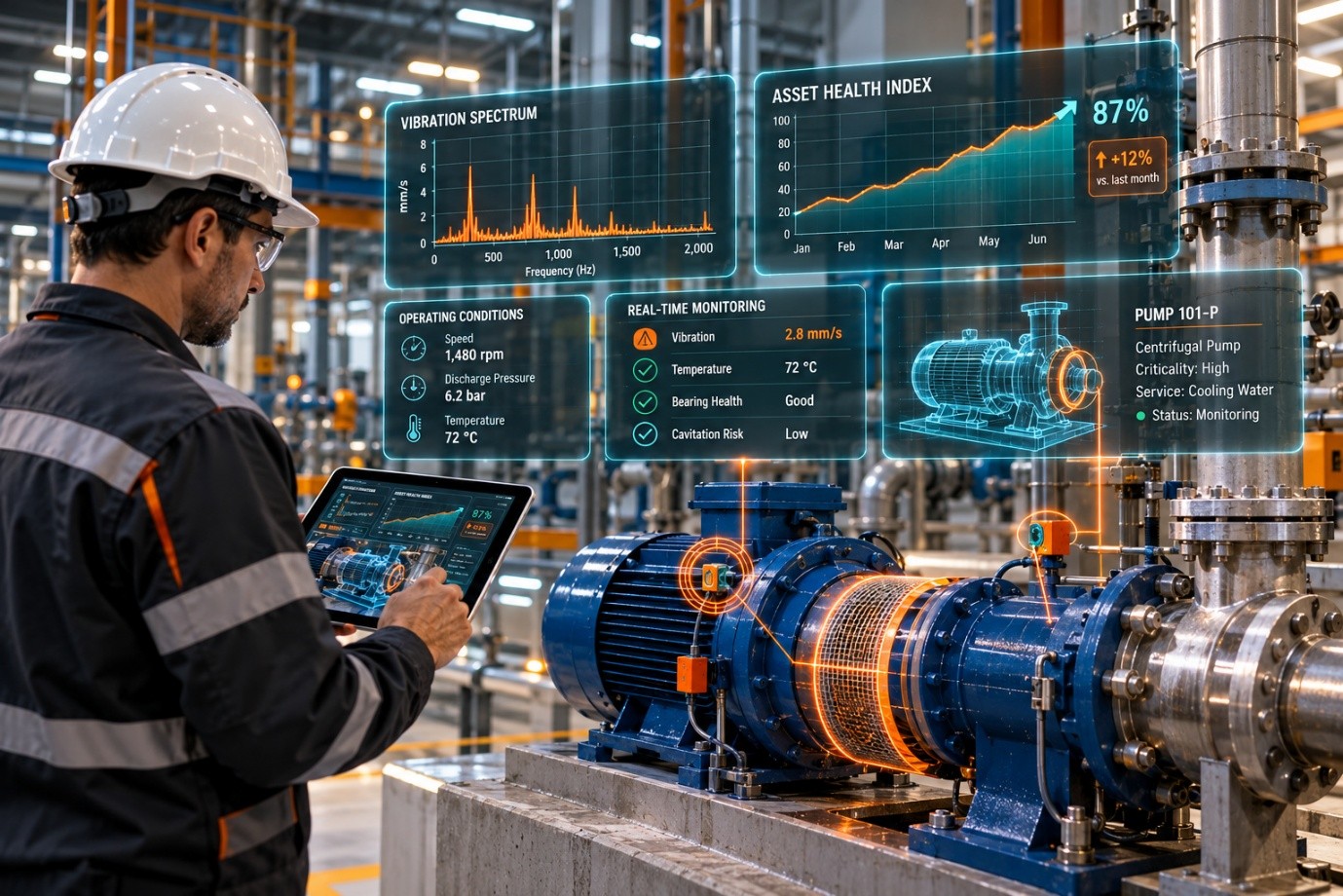 An engineer in a hard hat holding a tablet in front of a blue centrifugal pump, with condition-monitoring panels overlaid on the scene showing a vibration spectrum, an asset health trend, operating conditions and a real-time monitoring checklist