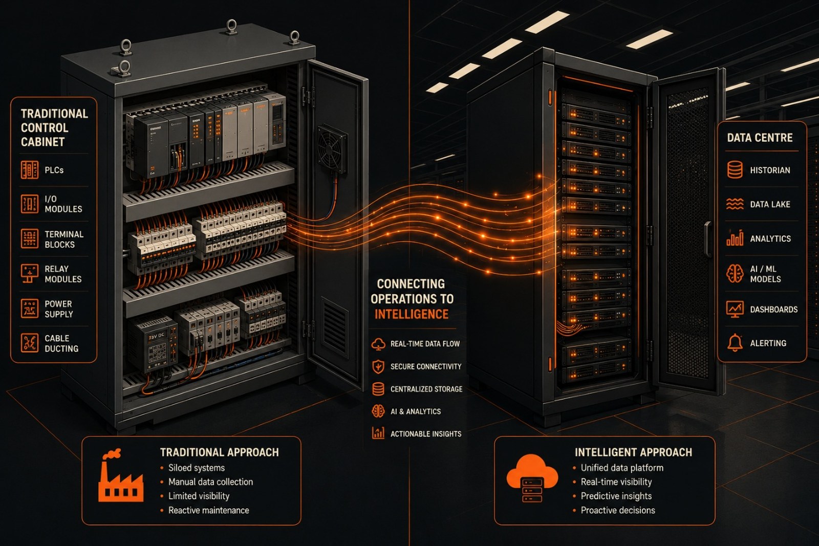 A traditional control cabinet full of PLCs and I/O modules connected by data flows to a data centre rack running historians, analytics and AI models — SynapseAI